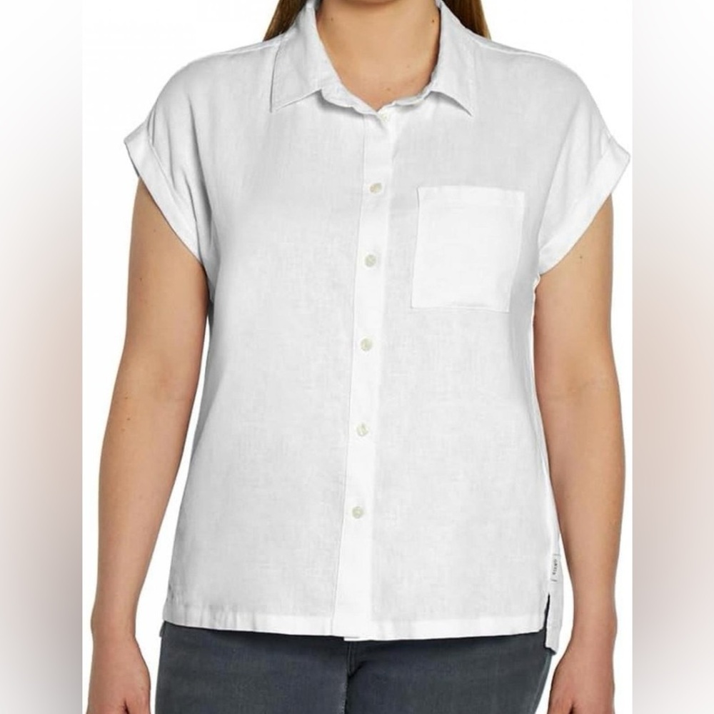Orvis White Linen Button Down Shirt Cuffed Short Sleeve Pocket Blouse